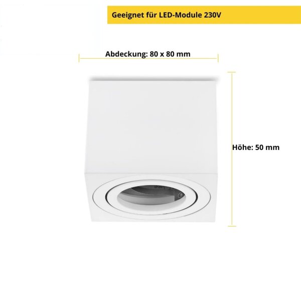 Deckenstrahler flach 50 mm Höhe - Spots Decke Led Aluminium eckig weiß matt schwenkbar - 230 Volt Abauspots IP20 - Led Deckenleuchte 4er Sparpack