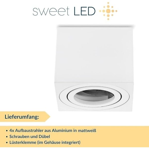 Deckenstrahler flach 50 mm Höhe - Spots Decke Led Aluminium eckig weiß matt schwenkbar - 230 Volt Abauspots IP20 - Led Deckenleuchte 4er Sparpack
