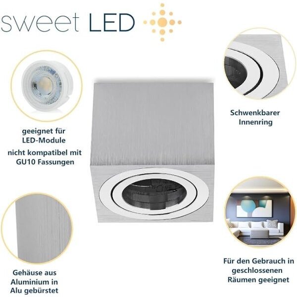 Led Deckenspots Aufputz IP20 - Spots Decke Led flach 50 mm Höhe - 230 Volt Aufbauspots Aluminium eckig weiß matt schwenkbar - 4er Sparpack