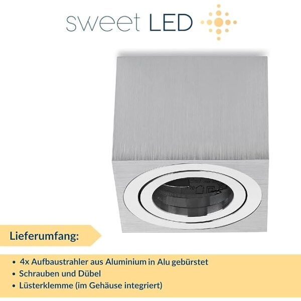 Led Deckenspots Aufputz IP20 - Spots Decke Led flach 50 mm Höhe - 230 Volt Aufbauspots Aluminium eckig weiß matt schwenkbar - 4er Sparpack