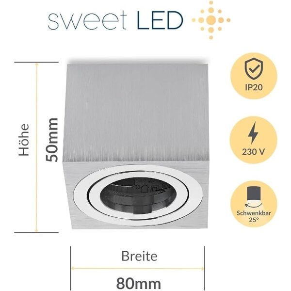 Led Deckenspots Aufputz IP20 - Spots Decke Led flach 50 mm Höhe - 230 Volt Aufbauspots Aluminium eckig weiß matt schwenkbar - 4er Sparpack