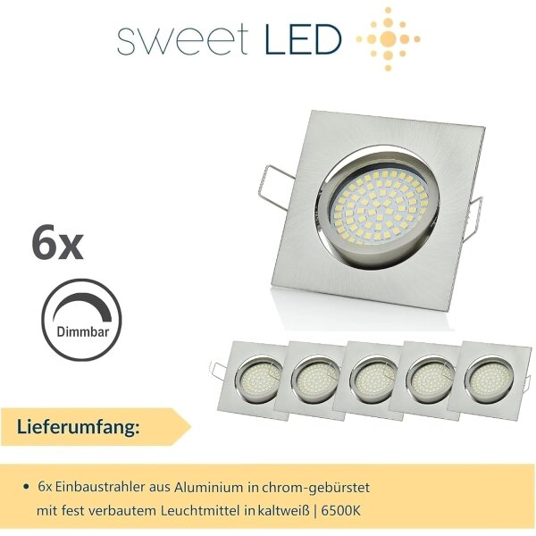 LED Einbaustrahler 5W 230V Dimmbar | 6er Set 6500K Eckig Chrom