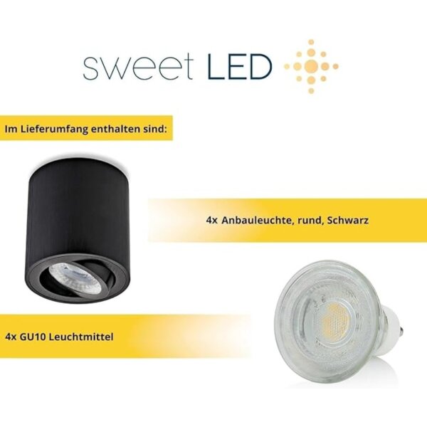 4er Set GU10 Aufbaustrahler Schwarz | 7W LED 230V Schwenkbar