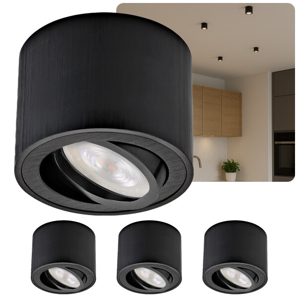 4er Set LED Aufbauspot Flach 50mm Schwarz Gebürstet Schwenkbar | 230V Aufbaustrahler 5W Neutralweiß