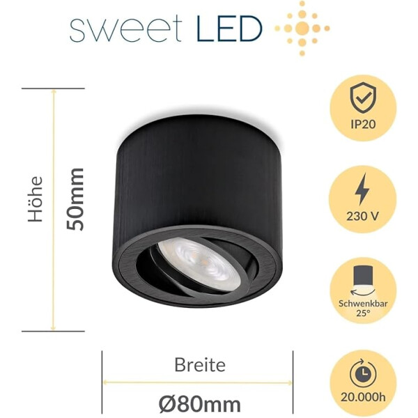4er Set LED Aufbauspot Flach 50mm Schwarz Gebürstet Schwenkbar | 230V Aufbaustrahler 5W Neutralweiß
