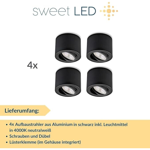 4er Set LED Aufbauspot Flach 50mm Schwarz Gebürstet Schwenkbar | 230V Aufbaustrahler 5W Neutralweiß