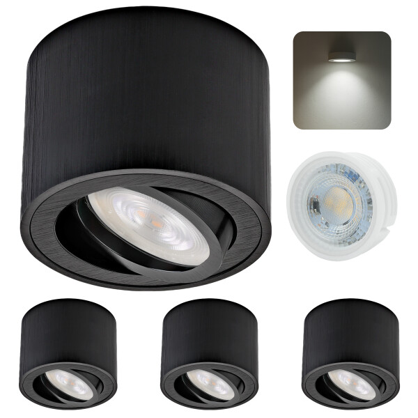 4er Set LED Aufbauspot Flach 50mm Schwarz Gebürstet Schwenkbar | 230V Aufbaustrahler 5W Neutralweiß