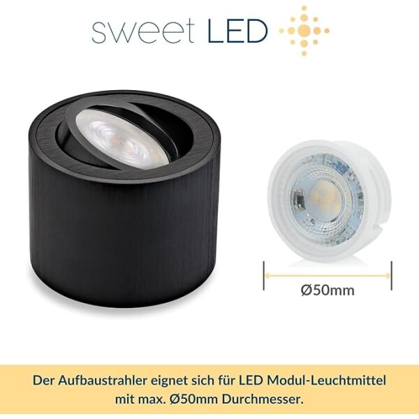 Aufbauspot flach Ø80x50mm aus Alu - Aufbaustrahler schwenkbar inkl. LED Modul 5W neutralweiß - Spot 230V schwarz gebürstet rund 4er SET