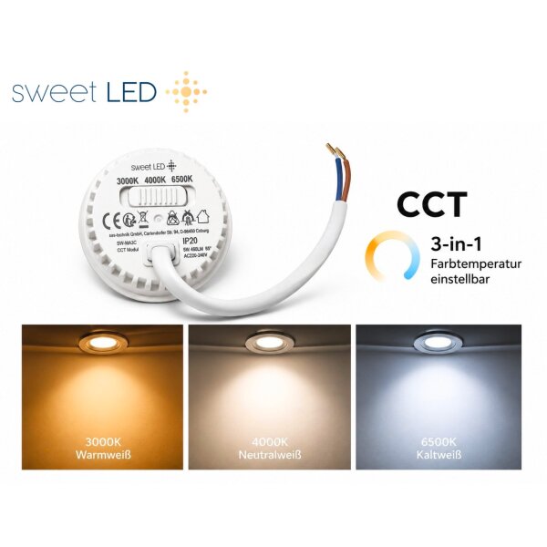 LED-Modul 3CCT 230V 5W 460lm Ø50mm, 23mm Flach – LED Leuchtmittel mit 3 Lichtfarben als Ersatz für GU10 Spots