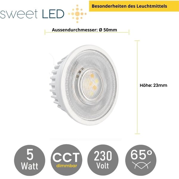 LED-Modul CCT dimmbar 230V, 5W 500lm Ø50mm, 23mm Flach – LED-Leuchtmittel mit 3 Lichtfarben für GU10 Spots
