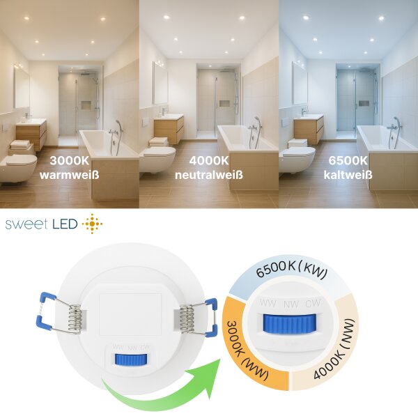 IP44 CCT LED Einbaustrahler Bad 230V | 5er Set Flach 6,5W Weiß