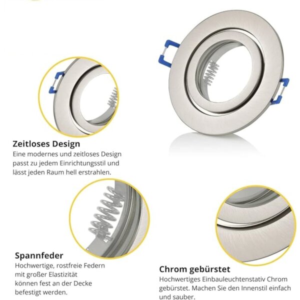 Einbaustrahler Bad IP44 Flach - LED Deckenspots 230V Aluminium Chrom Gebürstet - Led Lampe Decke GU10 - Led Einbaurahmen ohne Leuchtmittel