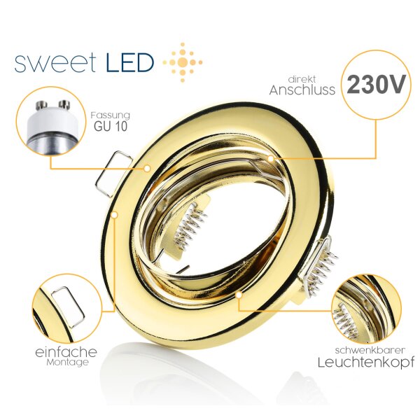 GU10 Einbaustrahler Led - Einbaurahmen ohne Leuchtmittel goldfarbig rund schwenkbar - LED Spots Decke 230 Volt ultra Flach - 68 mm Lochmaß