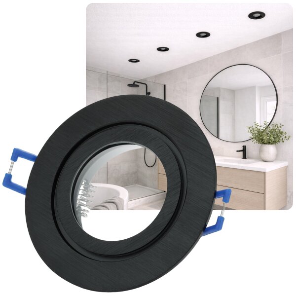 Einbaurahmen ohne Leuchtmittel - LED Einbaustrahler 230V Bad IP44 Aluminium mit Klickverschluss - Led Deckenleuchte rund schwarz gebürstet