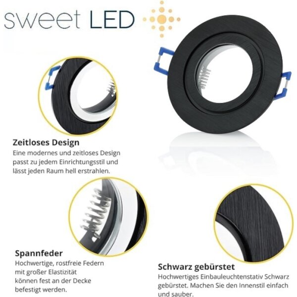 Einbaurahmen ohne Leuchtmittel - LED Einbaustrahler 230V Bad IP44 Aluminium mit Klickverschluss - Led Deckenleuchte rund schwarz gebürstet