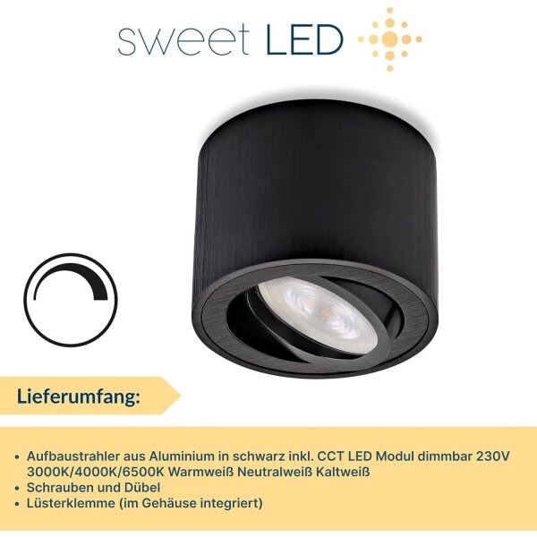 LED Aufbauspot 5W 230V Dimmbar | CCT Modul Schwarz Schwenkbar Rund