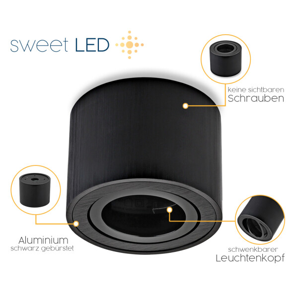 LED Aufbauspot Flach 50mm Dimmbar | Schwarz Gebürstet | 5W Kaltweiß 230V Aufbaustrahler