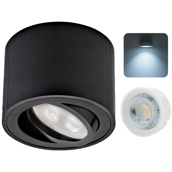 LED Aufbauspot Flach 50mm Dimmbar | Schwarz Gebürstet | 5W Kaltweiß 230V Aufbaustrahler