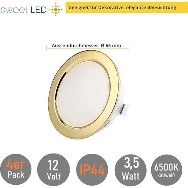 LED Möbeleinbauleuchte 3,5W 12V IP44 | 4er Set 6500K Gold Spots