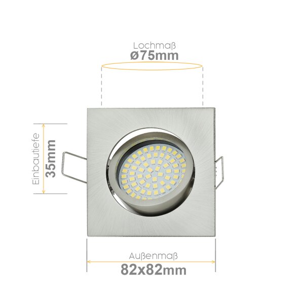 LED Einbaustrahler 230V Dimmbar flach - Einbauleuchten eckig schwenkbar Einbautiefe 35 mm - LED Spots lochmaß 75 mm - chrom gebürstet 5W Warmweiß