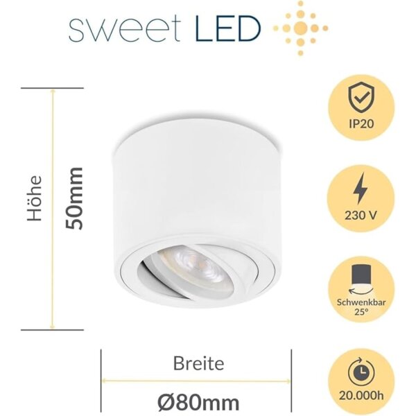 LED Aufbauspot flach Höhe 55mm - 230V Deckenspot inkl. LED Leuchtmittel 5W warmweiß - LED Aufbaustrahler rund weiß matt schwenkbar