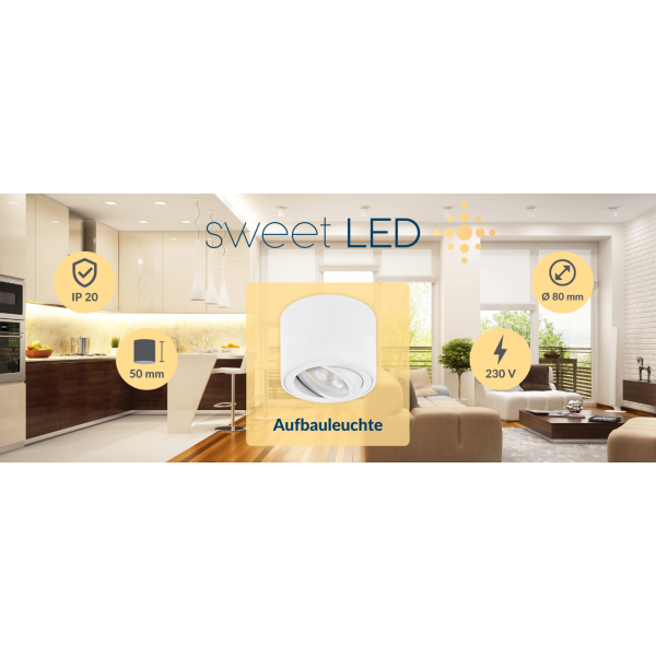 LED Aufbauspot flach Höhe 55mm - 230V Deckenspot inkl. LED Leuchtmittel 5W warmweiß - LED Aufbaustrahler rund weiß matt schwenkbar