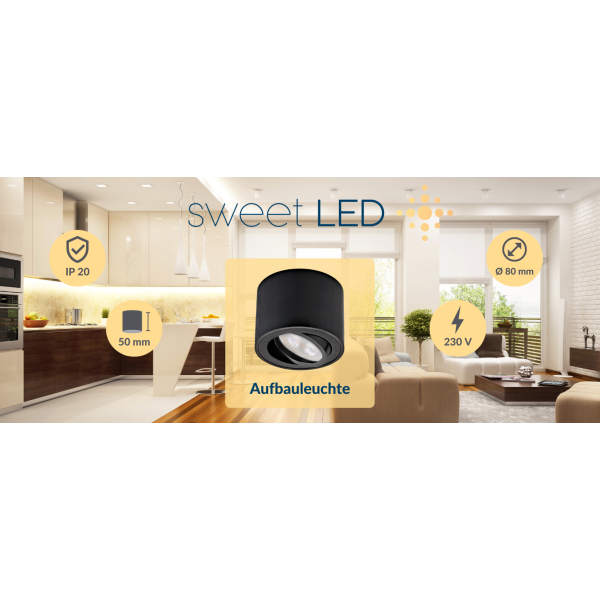 LED Deckenspots 230V schwenkbar - Aufbauspot flach inkl. 5W  - LED Aufbaustrahler Höhe 50 mm rund schwarz gebürstet warmweiß 3000K