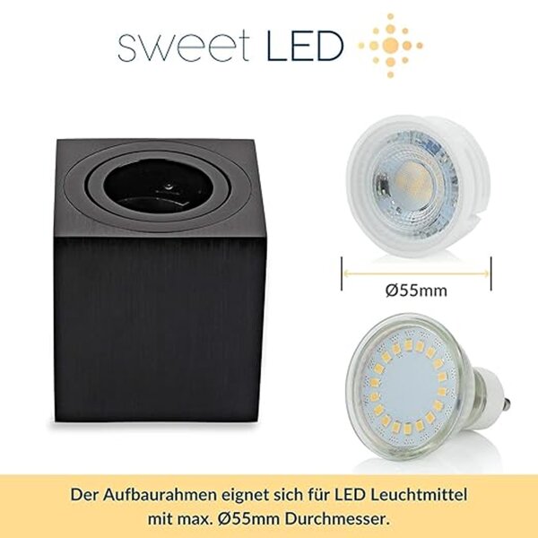 IP20 GU10 LED Aufbaustrahler Eckig Aluminium Schwarz Gebürstet 230V Schwenkbar | 2er Sparpack (Ohne Leuchtmittel)