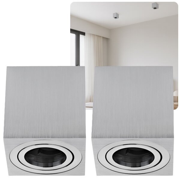 IP20 GU10 LED Aufbaustrahler Eckig Alu Gebürstet 230V Schwenkbar | 2er Sparpack (Ohne Leuchtmittel)