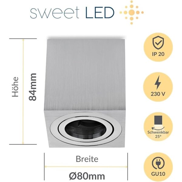 IP20 GU10 LED Aufbaustrahler Eckig Alu Gebürstet 230V Schwenkbar | 2er Sparpack (Ohne Leuchtmittel)