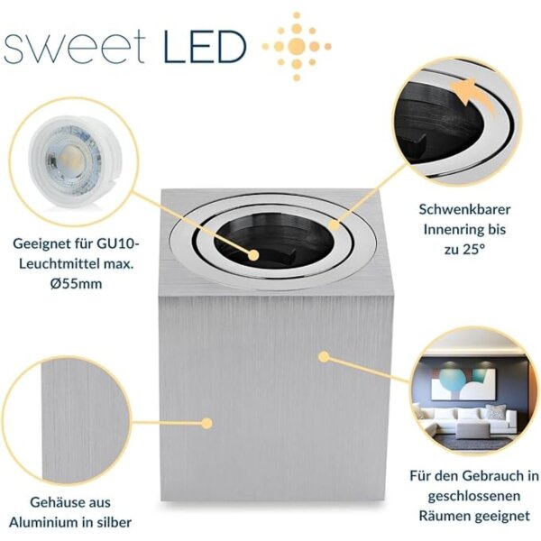 IP20 GU10 LED Aufbaustrahler Eckig Alu Gebürstet 230V Schwenkbar | 2er Sparpack (Ohne Leuchtmittel)