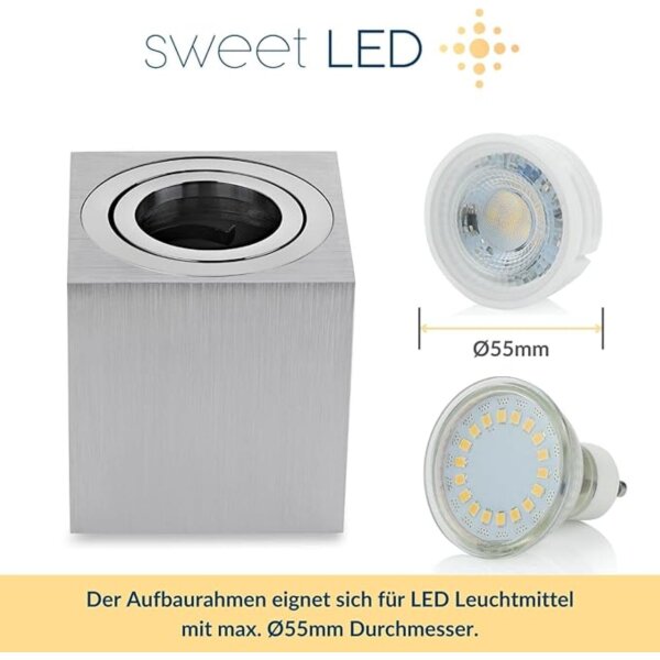 IP20 GU10 LED Aufbaustrahler Eckig Alu Gebürstet 230V Schwenkbar | 2er Sparpack (Ohne Leuchtmittel)