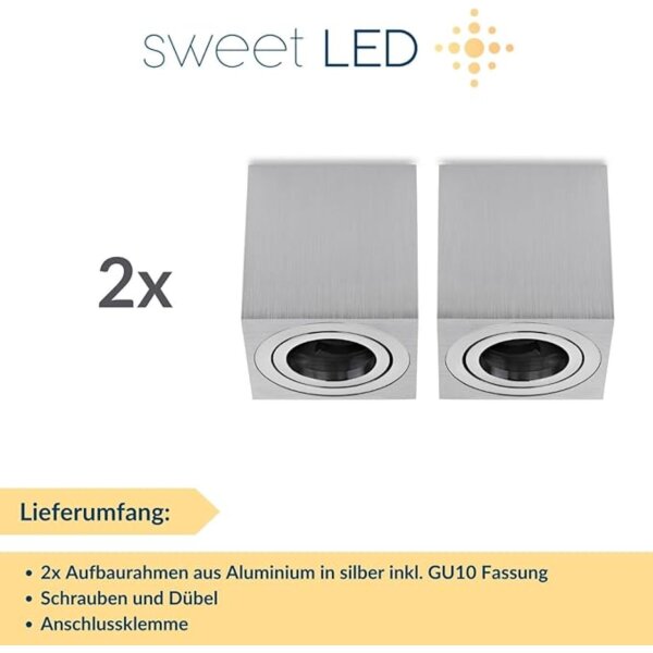 IP20 GU10 LED Aufbaustrahler Eckig Alu Gebürstet 230V Schwenkbar | 2er Sparpack (Ohne Leuchtmittel)