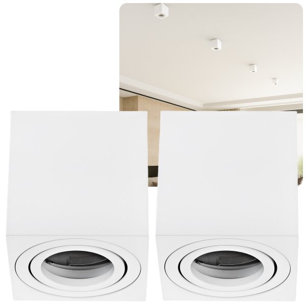 IP20 LED Aufbaustrahler GU10 Eckig Aluminium Weiß Matt 230V Schwenkbar | 2er Sparpack (Ohne Leuchtmittel)