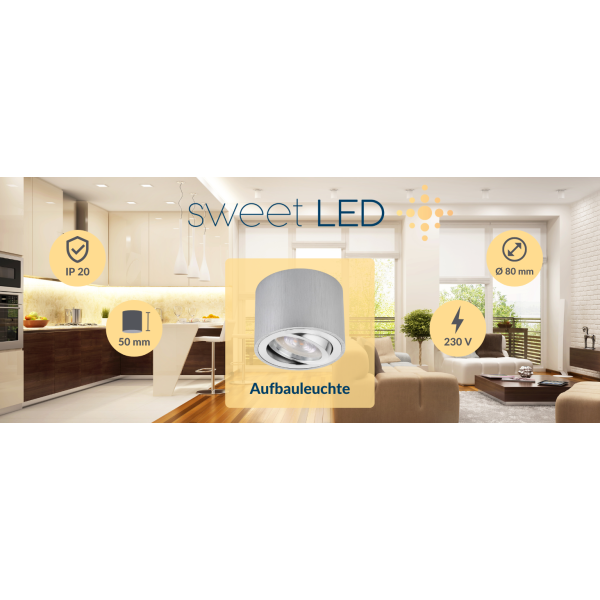 Aufbauleuchten LED flach Höhe 50 mm - Deckenstrahler 230V inkl. 5W Leuchtmittel - LED Spot 230V rund silber gebürstet warmweiß 3000K