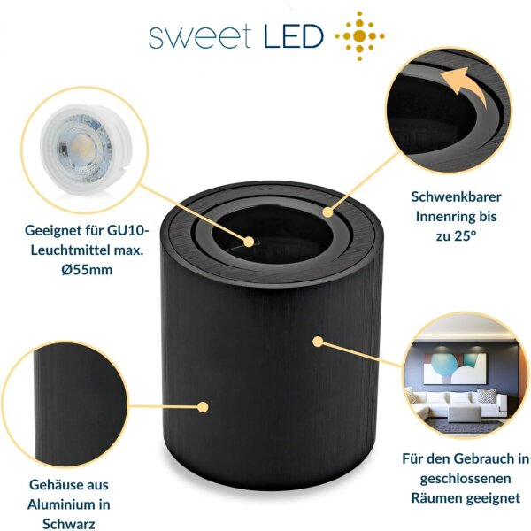 2er Set LED Aufbaustrahler GU10 Schwenkbar Schwarz Gebürstet | 230V Aufbauspots Aluminium Rund