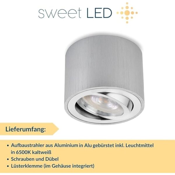Aufbauspot flach inkl. 5W LED 230V Höhe 50 mm rund silber gebürstet Kaltweiß