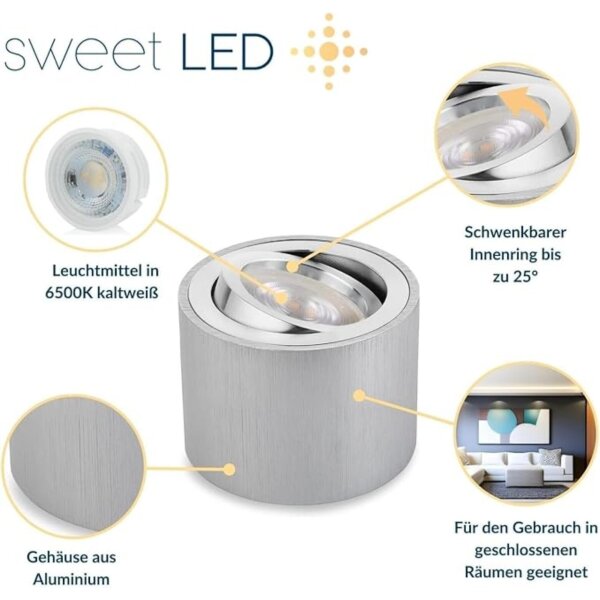 Aufbauspot flach inkl. 5W LED 230V Höhe 50 mm rund silber gebürstet Kaltweiß