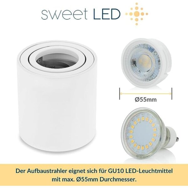 Aufbaustrahler IP20 GU10 LED Rund aus Aluminium Weiß Matt 230V Schwenkbar | 2er Sparpack (Ohne Leuchtmittel)