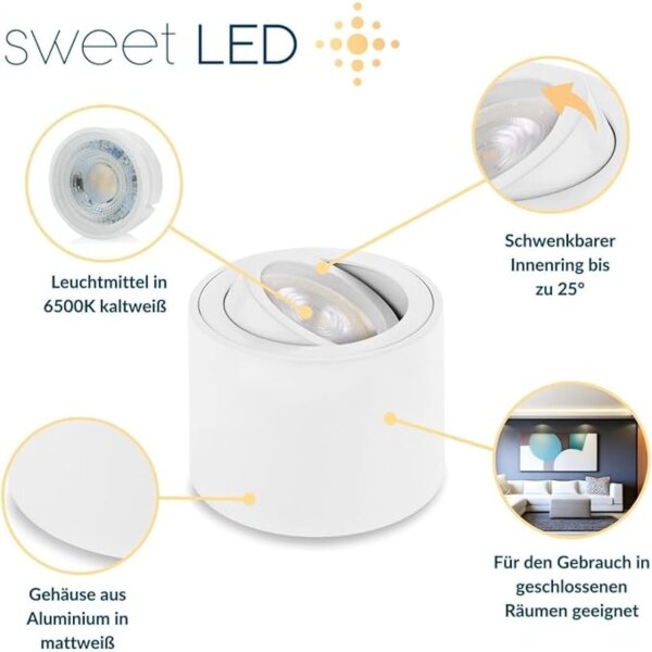 LED Spots schwenkbar rund weiß matt - Aufbauspot  inkl. LED Leuchtmittel 5W kaltweiß dimmbar - Aufbaustrahler flach Höhe 50mm IP20