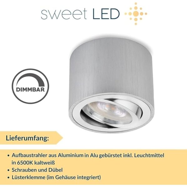 LED Aufbauspots flach 50 mm - LED Deckenleuchte dimmbar schwenkbar 5W kaltweiß - LED 230V Deckenstrahler rund alu gebürstet