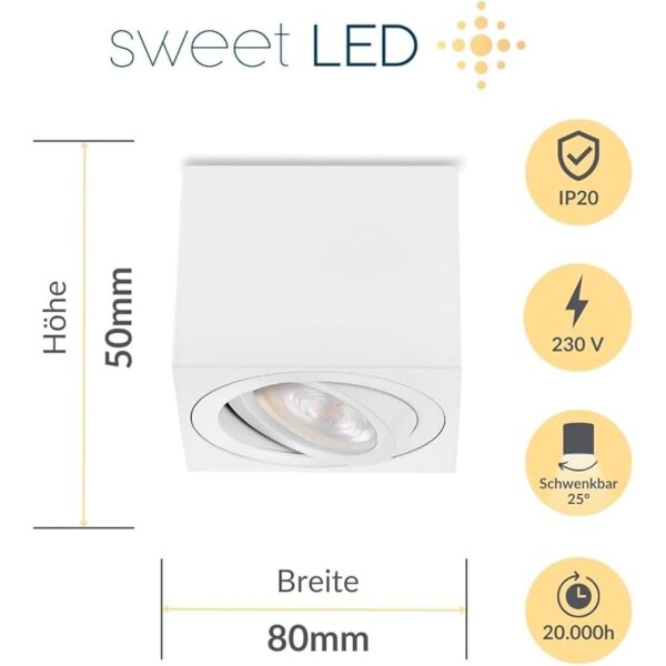 LED Aufbauspot flach inkl. Leuchtmittel 5W - LED Spot 230V Warmweiß 3000K - Deckenstrahler eckig Höhe 50 mm weiß matt schwenkbar