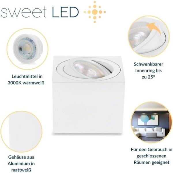 LED Aufbauspot flach inkl. Leuchtmittel 5W - LED Spot 230V Warmweiß 3000K - Deckenstrahler eckig Höhe 50 mm weiß matt schwenkbar