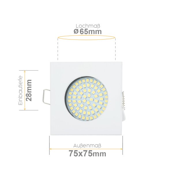 LED Einbaustrahler flach - Einbauleuchten 230V ca. 30 mm einbautiefe - Deckenspot eckig - 3.5W Warmweiß - LED Spots lochmaß 65 mm - weiß Druckguss