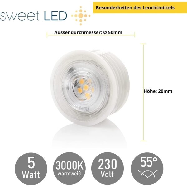 LED-Modul 5W Warmweiß 320lm Ø50mm, 20mm Flach – 4er Set Keramik-Module als Ersatz für GU10 Spots