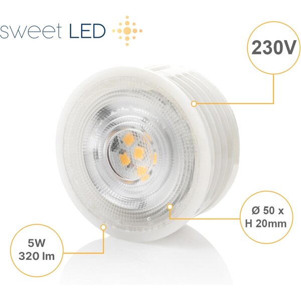 LED-Modul 5W Warmweiß 320lm Ø50mm, 20mm Flach – 4er Set Keramik-Module als Ersatz für GU10 Spots