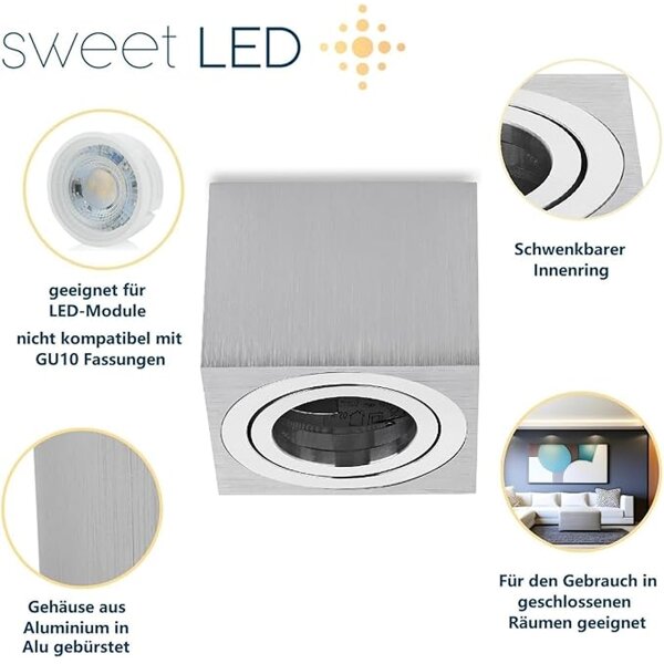 Eckig Alu gebürstet Aufbaustrahler | 5W LED flach 230V Warmweiß