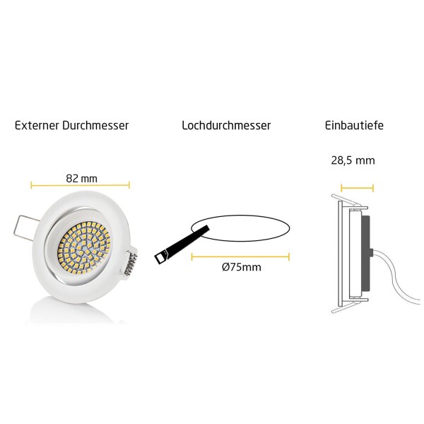 LED Einbaustrahler rund flach 30 mm Einbautiefe - Einbauspots 230 Volt - Led Leuchtmittel 3.5W kaltweiß 6500K weiß - 75 mm Lochmaß - Spot 6er Sparpack