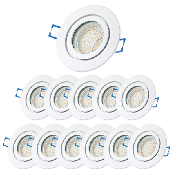 Einbaustrahler Bad LED - GU10 Deckenstrahler 230V Aluminium weiß matt - Led Leuchtmittel IP44 3 Watt warmweiß Lochmaß 68 mm - 12er Sparpack