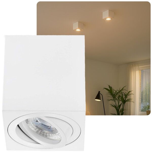 GU10 Aufbaustrahler eckig weiß matt | Aufbauspot 230V 7W warmweiß Aluminium Deckenspot